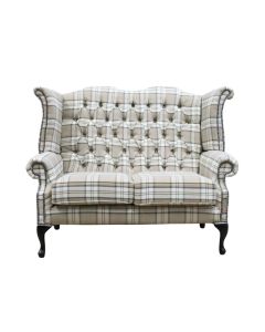 Chesterfield Handmade 2 Seater High Back Sofa Lana Beige Fabric In Queen Anne Style