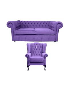 Chesterfield Handmade 2 Seater + Mallory Wing Chair Verity Purple Fabric Sofa Suite 