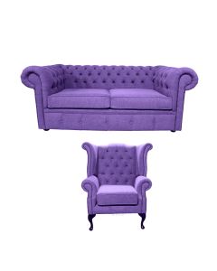 Chesterfield Handmade 2 Seater + Queen Anne Chair Verity Purple Fabric Sofa Suite 