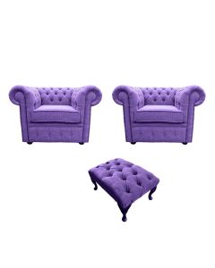 Chesterfield Handmade 2 x Club chairs + Footstool Verity Purple Fabric Sofa Suite 