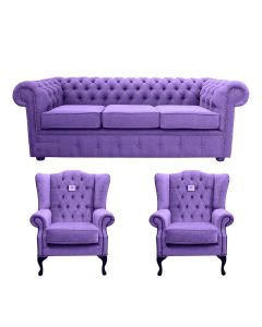 Chesterfield Handmade 3 Seater + 2 x Mallory Chair Verity Purple Fabric Sofa Suite 