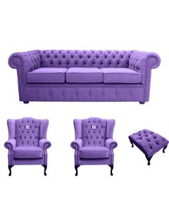 Chesterfield Handmade 3 Seater + 2 x Mallory Chairs + Footstool Verity Purple Fabric Sofa Suite 