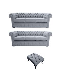 Chesterfield Handmade 3 Seater + 3 Seater + Footstool Verity Plain Steel Grey Fabric Sofa Suite 