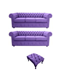 Chesterfield Handmade 3 Seater + 3 Seater  + Footstool Verity Purple Fabric Sofa Suite 