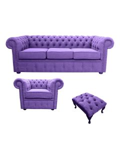 Chesterfield Handmade 3 Seater + Club Chair + Footstool Verity Purple Fabric Sofa Suite 