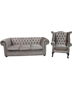 Chesterfield Handmade 3 Seater + Queen Anne Chair Shimmer Mink Velvet Fabric Sofa Suite
