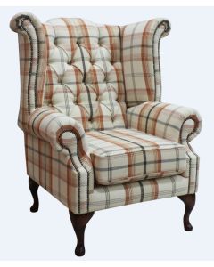 Chesterfield High Back Armchair Balmoral Autumn Checked Fabric In Queen Anne Style  