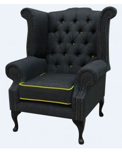 Chesterfield High Back Chair Charles Charcoal Yellow Trim Linen Fabric In Queen Anne Style 