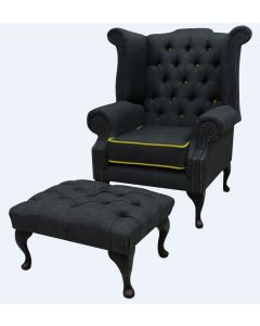 Chesterfield High Back Chair + Footstool Charles Charcoal Yellow Trim Linen Fabric In Queen Anne Style 