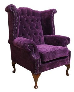 Chesterfield High Back Wing Chair Amethyst Purple Velvet Fabric In Queen Anne Style