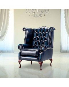 Chesterfield High Back Wing Chair Antique Blue Leather Bespoke In Queen Anne Style  