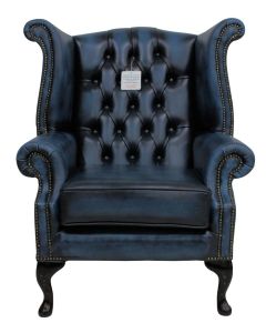 Chesterfield High Back Wing Chair Antique Blue Leather In Queen Anne Style 