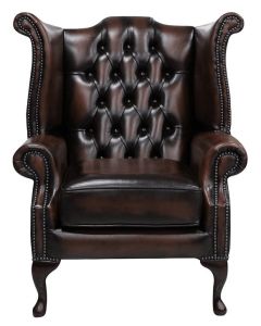Chesterfield High Back Wing Chair Antique Brown Leather Bespoke In Queen Anne Style