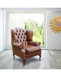 Chesterfield High Back Wing Chair Antique Tan Real Leather Bespoke In Mallory Style   