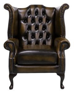 Chesterfield High Back Wing Chair Antique Tan Leather Bespoke In Queen Anne Style