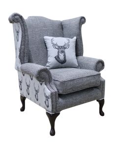 Chesterfield High Back Wing Chair Antler Stag Charcoal Grey Fabric In Queen Anne Style 