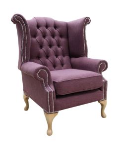 Chesterfield High Back Wing Chair Bacio Damson Purple Fabric In Queen Anne Style