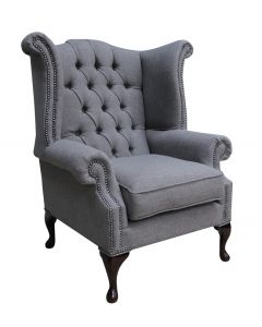 Chesterfield High Back Wing Chair Bacio Pewter Grey Fabric In Queen Anne Style
