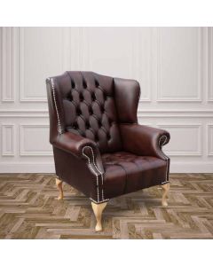 Chesterfield High Back Wing Chair Buttoned Seat Antique Brown Leather In Mallory Style    