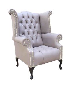 Chesterfield High Back Wing Chair Buttoned Seat Shelly Owl Brown Leather In Queen Anne Style