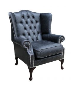 Chesterfield High Back Wing Chair Cracked Wax Black Leather In Mallory Style