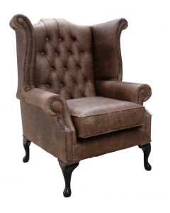 Chesterfield High Back Wing Chair Cracked Wax Tobacco Leather In Queen Anne Style