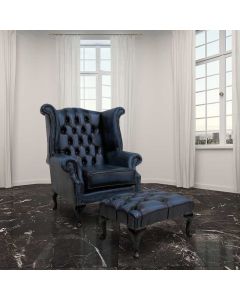 Chesterfield High Back Wing Chair + Footstool Antique Blue Leather In Queen Anne Style  