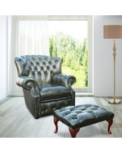 Chesterfield High Back Wing Chair + Footstool Antique Green Leather Armchair In Monks Style