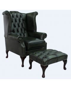 Chesterfield High Back Wing Chair + Footstool Antique Green Leather In Queen Anne Style  