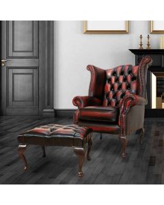 Chesterfield High Back Wing Chair + Footstool Antique Oxblood Red Leather In Queen Anne Style