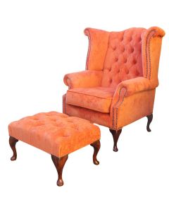 Chesterfield High Back Wing Chair + Footstool Azzuro Tangerine Fabric In Queen Anne Style   