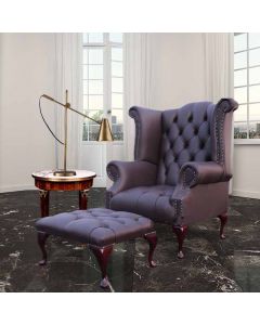 Chesterfield High Back Wing Chair + Footstool Buttoned Seat Dark Chocolate Leather In Queen Anne Style  