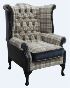Chesterfield High Back Wing Chair Lana Beige Fabric Antique Blue Leather In Queen Anne Style