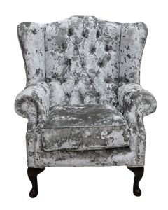 Chesterfield High Back Wing Chair Lustro Argent Velvet Fabric Bespoke In Mallory Style