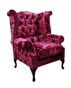 Chesterfield High Back Wing Chair Lustro Carmine Velvet In Queen Anne Style