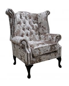 Chesterfield High Back Wing Chair Lustro Charm Velvet Fabric In Queen Anne Style 