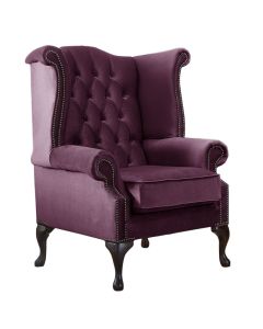 Chesterfield High Back Wing Chair Malta Boysenberry Purple Velvet Fabric In Queen Anne Style 