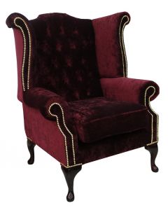Chesterfield High Back Wing Chair Modena Bordeaux Velvet In Queen Anne Style 