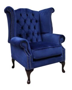Chesterfield High Back Wing Chair Monaco Royal Blue Velvet Bespoke In Queen Anne Style 