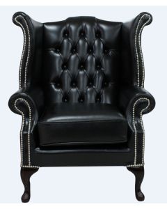 Chesterfield High Back Wing Chair Old English Black Leather Bespoke In Queen Anne Style 