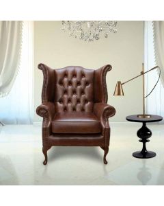 Chesterfield High Back Wing Chair Old English Hazel Leather In Queen Anne Style