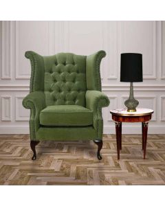 Chesterfield High Back Wing Chair Pimlico Sage Green Fabric In Queen Anne Style