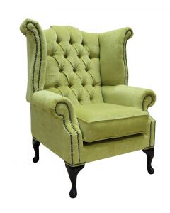 Chesterfield High Back Wing Chair Pimlico Zest Green Fabric Bespoke In Queen Anne Style