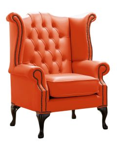 Chesterfield High Back Wing Chair Shelly Flamenco Orange Leather Bespoke In Queen Anne Style