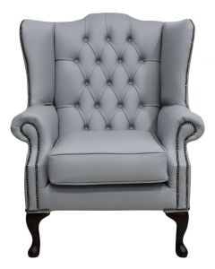 Chesterfield High Back Wing Chair Shelly Silver Grey Leather Bespoke In Mallory Style   