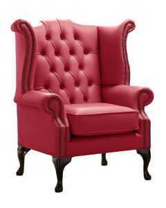 Chesterfield High Back Wing Chair Shelly Velvet Red Real Leather Bespoke In Queen Anne Style