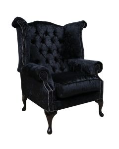 Chesterfield High Back Wing Chair Shimmer Black Velvet Bespoke In Queen Anne Style