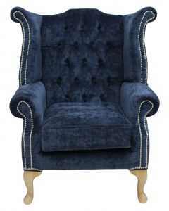Chesterfield High Back Wing Chair Velluto Oxford Fabric In Queen Anne Style