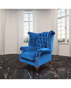 Chesterfield High Back Wing Chair Velluto Royal Blue Fabric In Queen Anne Style