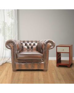 Chesterfield Low Back Club ArmChair Antique Brown Real Leather In Classic Style